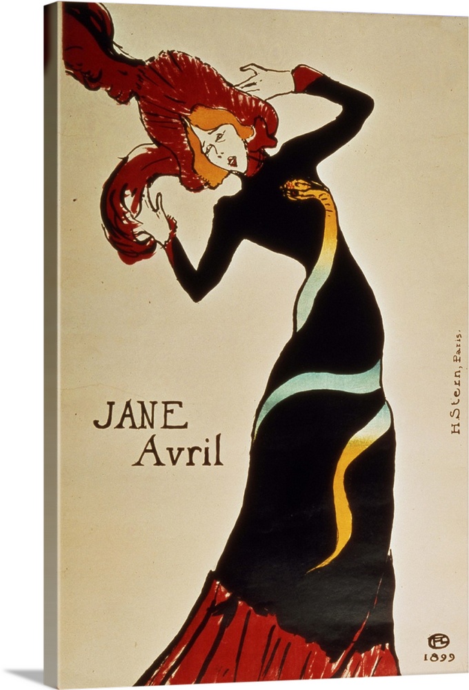 A large vertical piece of Jane Avril dressed in a black gown with a large red hat. She is slightly bent to the side from t...
