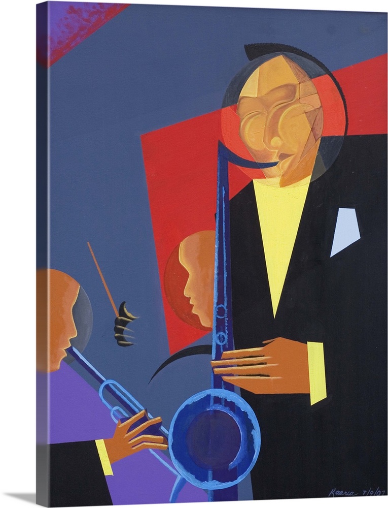 Abstract painting with oil of a guy on the right playing the saxophone and a guy on the left playing the trumpet.