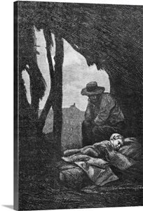 Jean Valjean watching over Cosette asleep, illustration from 'Les Miserables' image thumbnail