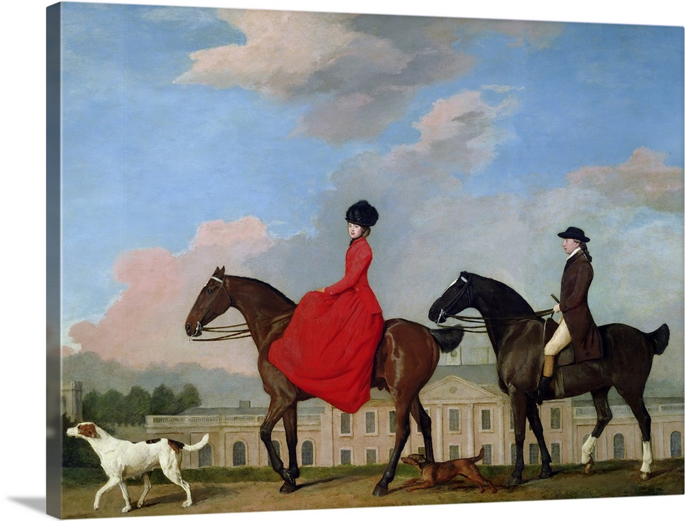 Classic artwork of a man and a woman riding their horses with their two dogs running along side them and a large house pic...
