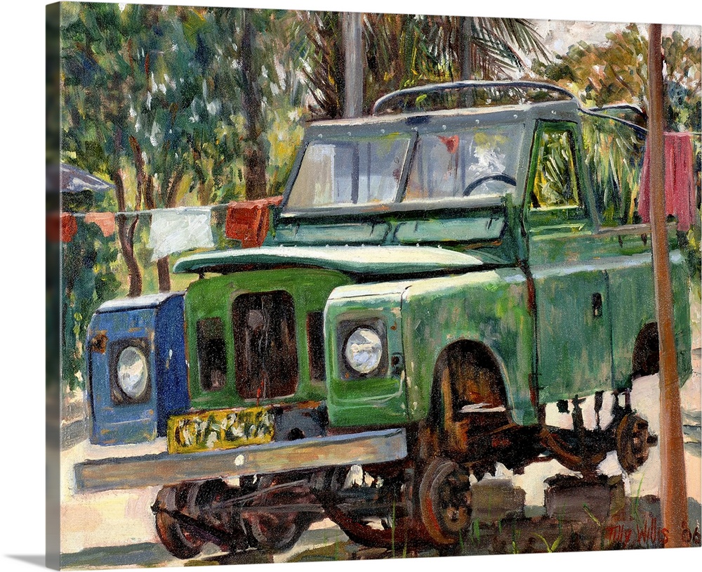 Oil painting of broken down car sitting on blocks with tropical backdrop.