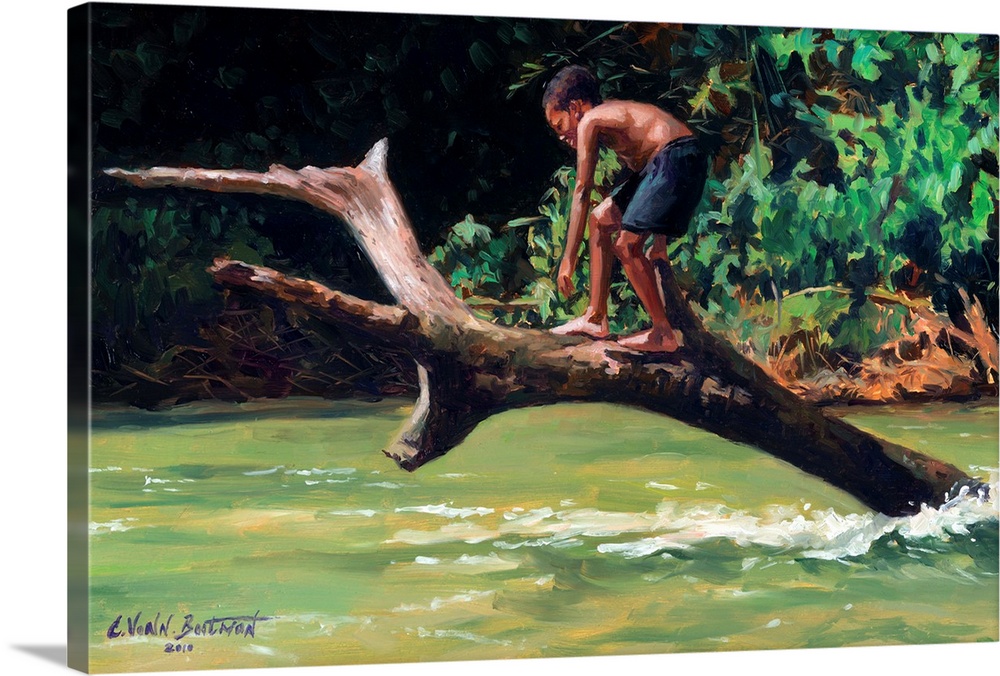 Contemporary painting of a boy on a tree ready to jump into the water.