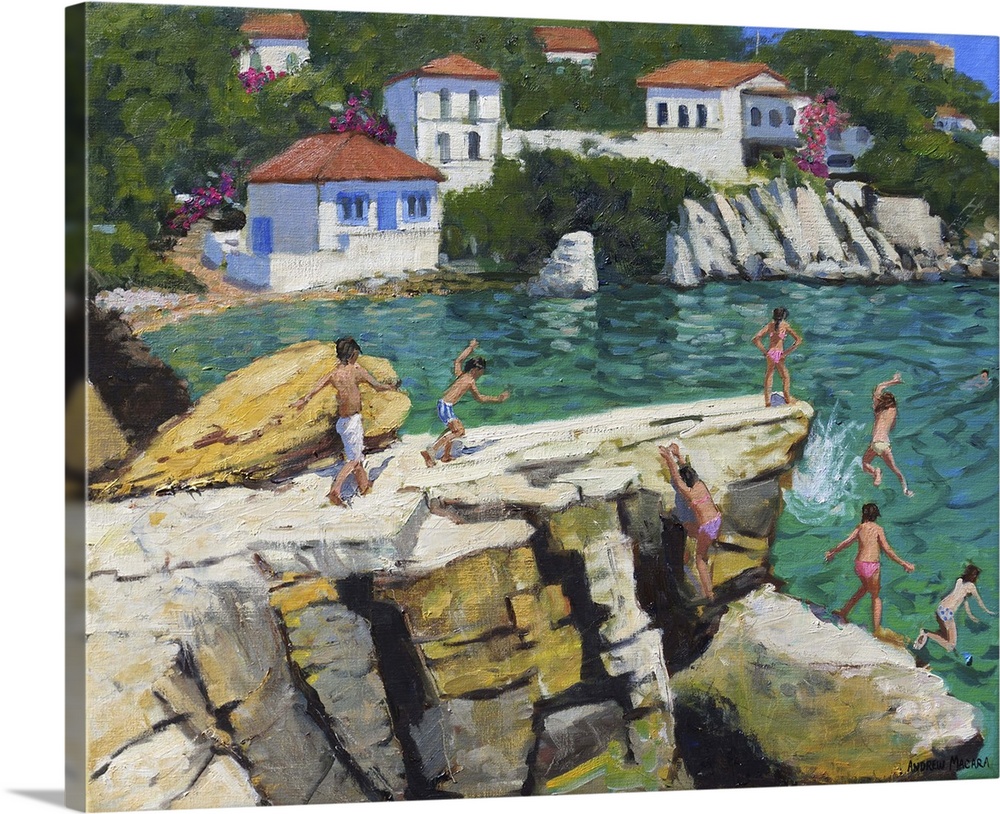 Jumping into the sea, Plates, Skiathos, 2015, oil on canvas.  By Andrew Macara.