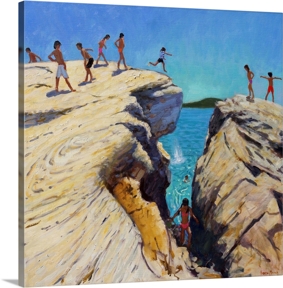 Jumping off the Rocks, Plates, Skiathos, 2015, oil on canvas.  By Andrew Macara.