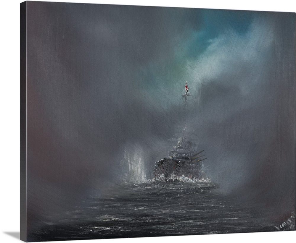 Contemporary painting of a battleship riding rough seas.