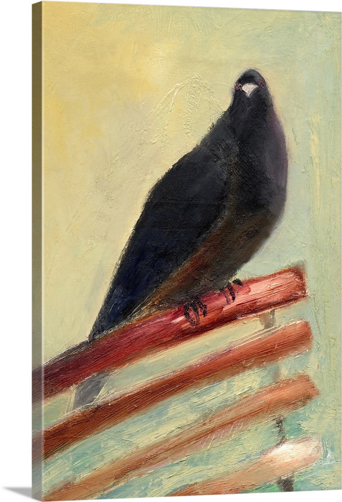Contemporary painting of a black bird sitting on the back of a chair.