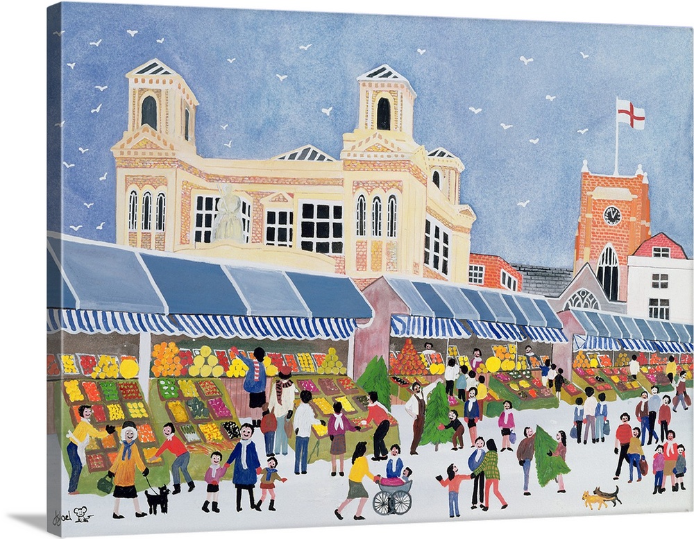 Contemporary painting of people at a busy outdoor market.