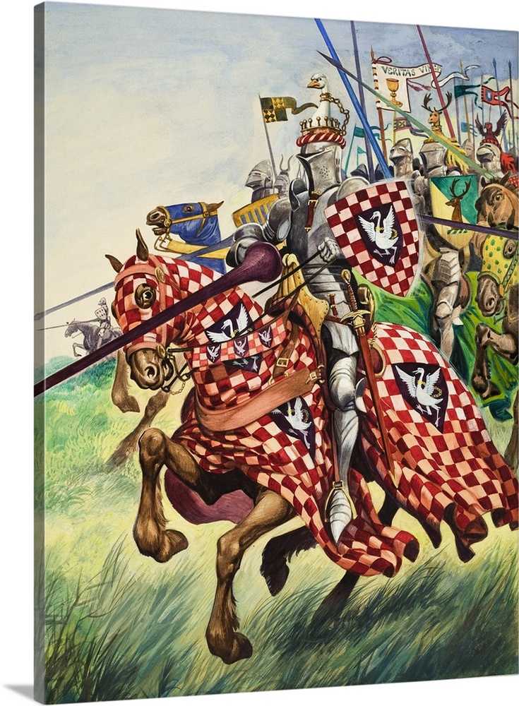 Knights charging into battle protected from head to foot by their strong suits of armour.  .