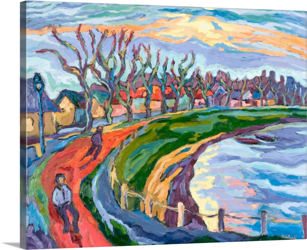 Abstract artwork that shows a path with two people walking on it with a line of houses and trees behind it and a small bod...