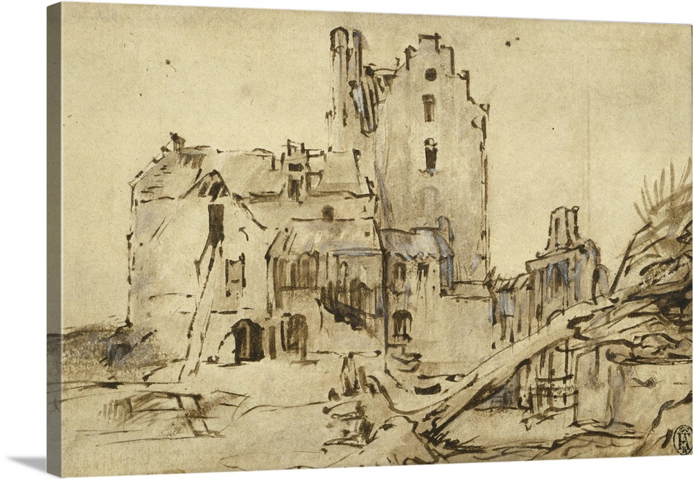Kostverloren Castle in Decay, 1652-57, pen and brown ink, with brush and brown wash, heightened with touches of white goua...