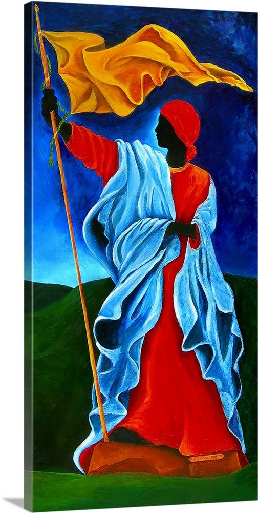 Contemporary painting of a woman wearing red and blue robes flying a yellow flag.