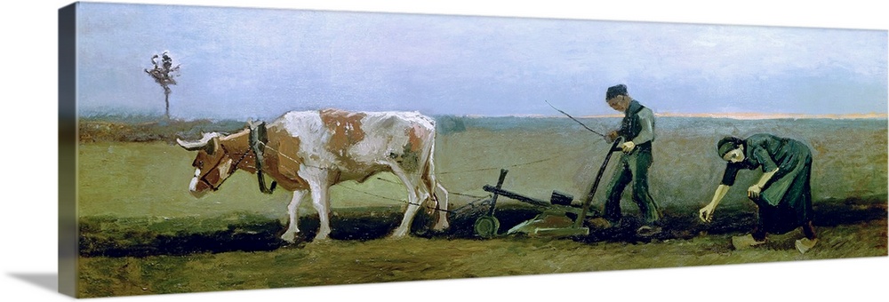 Panoramic classic art features two individuals manually ploughing a field behind a ox while they plant vegetables.  Behind...