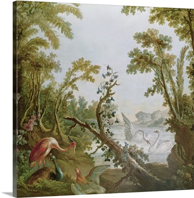 Lake with swans, a flamingo and various birds, from the salon of Gilles Demarteau