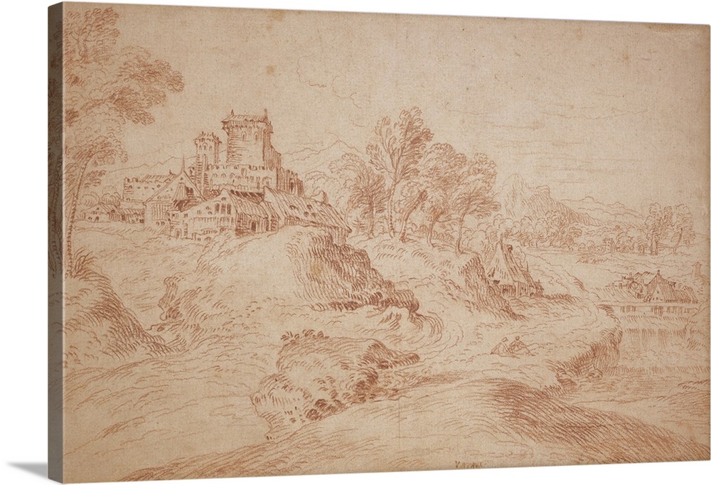 Landscape with a castle, 1716-18, red chalk on buff laid paper, laid down on cream laid card.