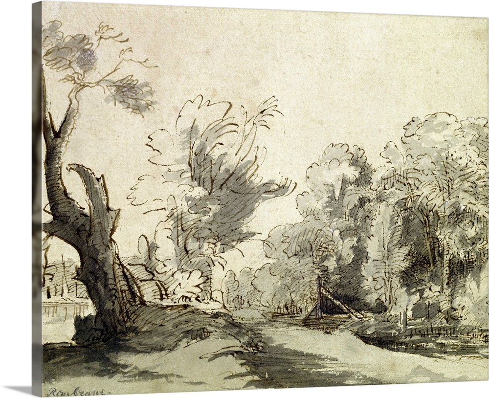 Landscape with a path, an almost dead tree on the left and a footbridge leading to a farm on the right