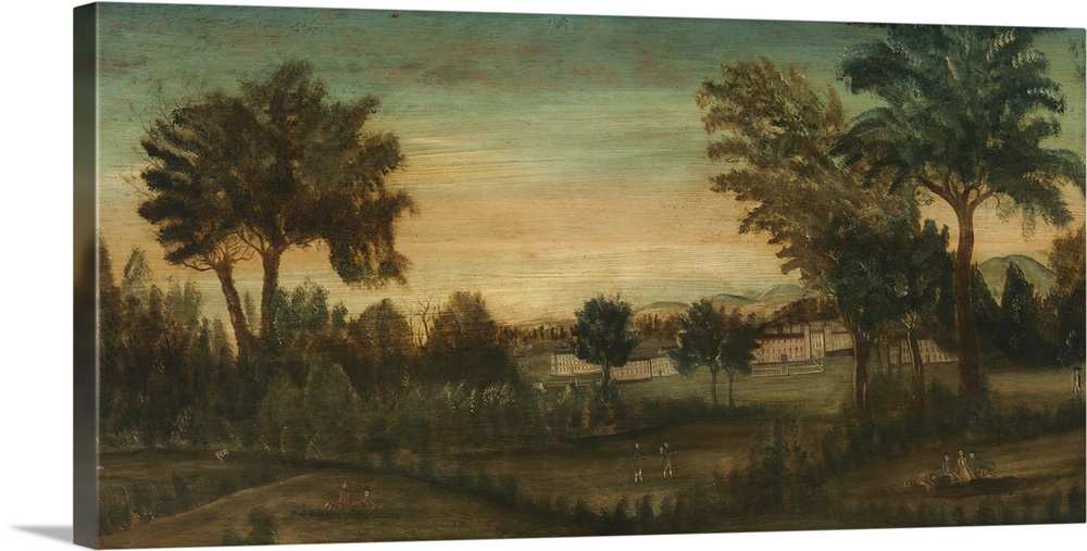 Landscape with Buildings, late 18th century, oil on wood.  By American School.