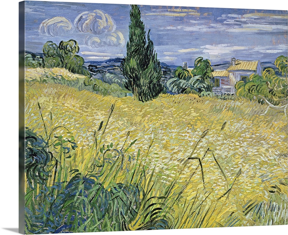 Classic oil painting of a field with a house in the distance made up of broad brush strokes.