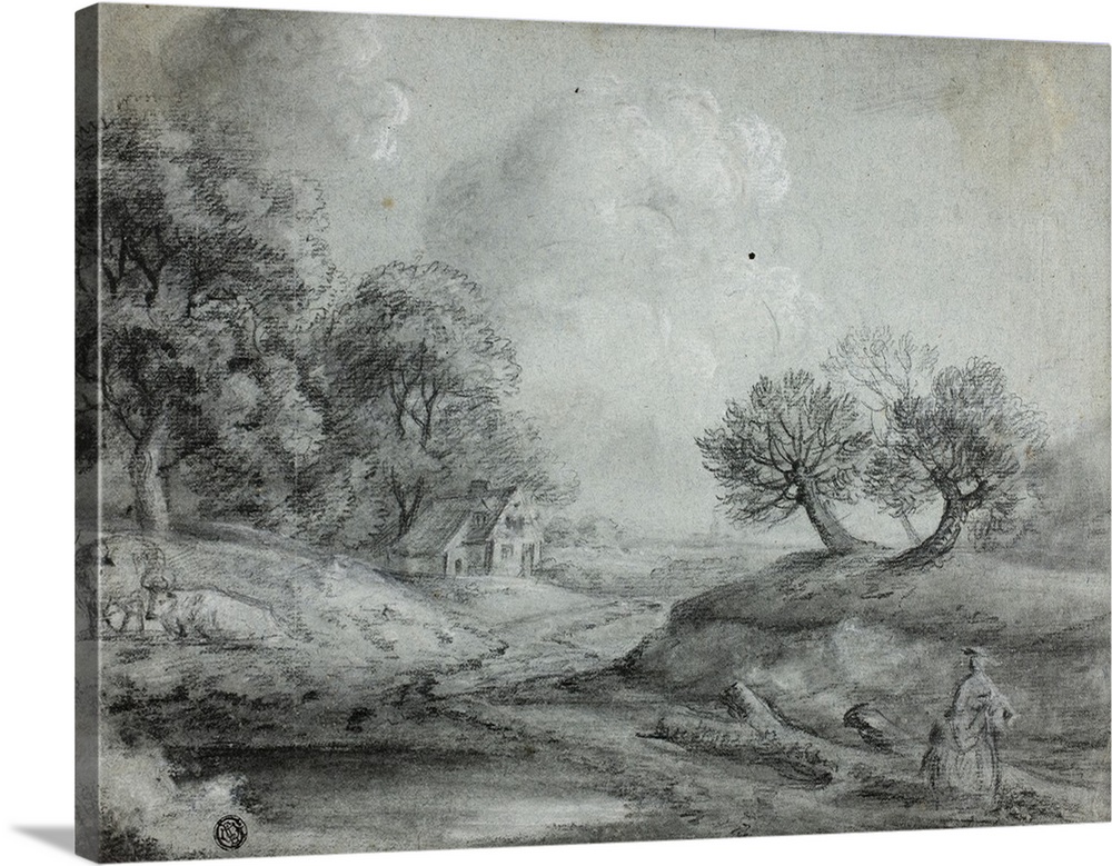 Landscape with Woman and Cows, black chalk with stumping, heightened with white chalk, on blue laid paper.