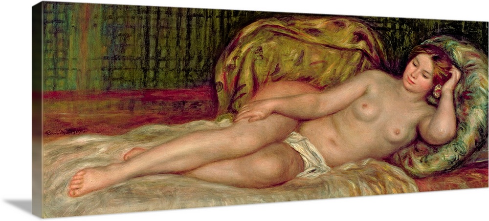Large, horizontal classic painting of a nude woman lying on a bed, surrounded by pillows.