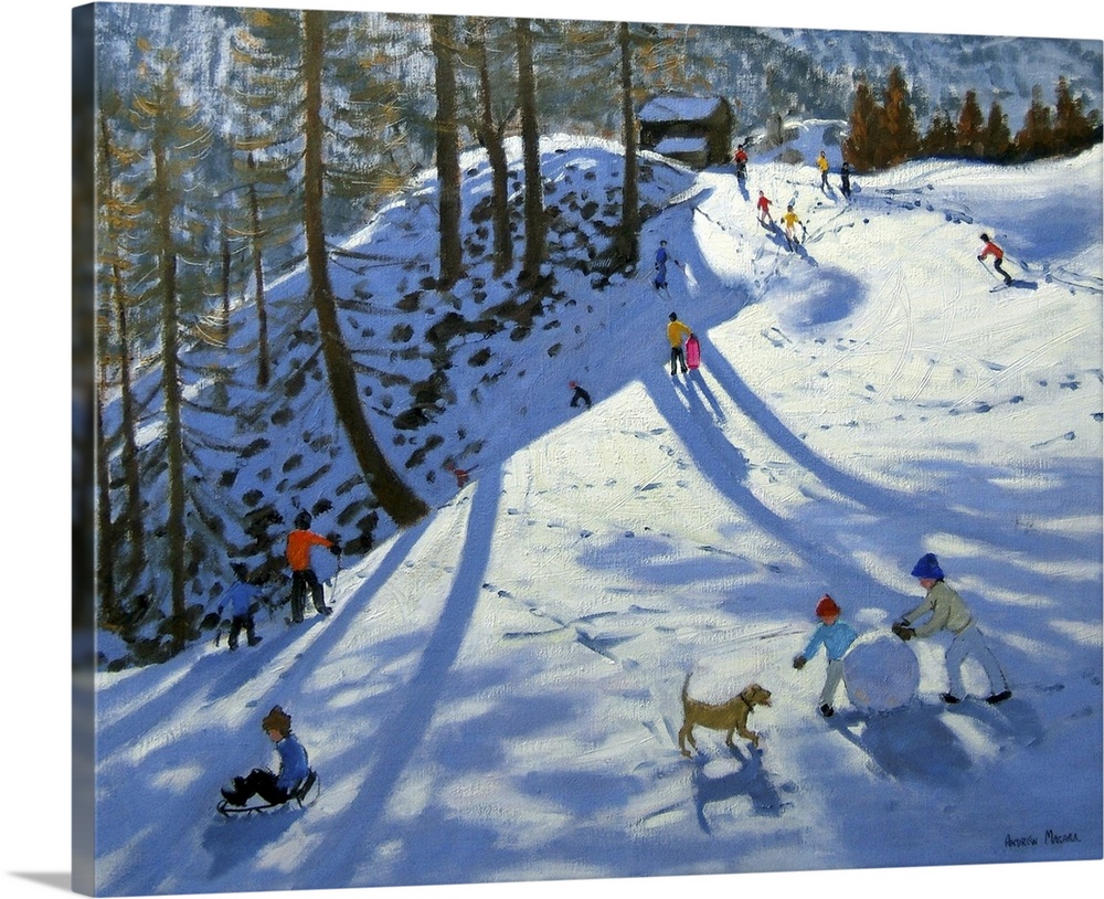 Artwork of children playing on a snow covered hill with footprints all around and a mountain range painted in the background.