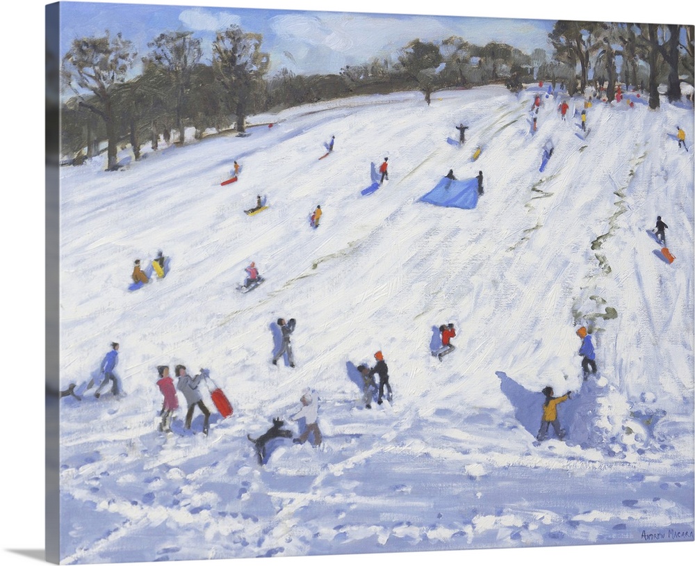 Contemporary painting of children sledging down a large hill in winter.
