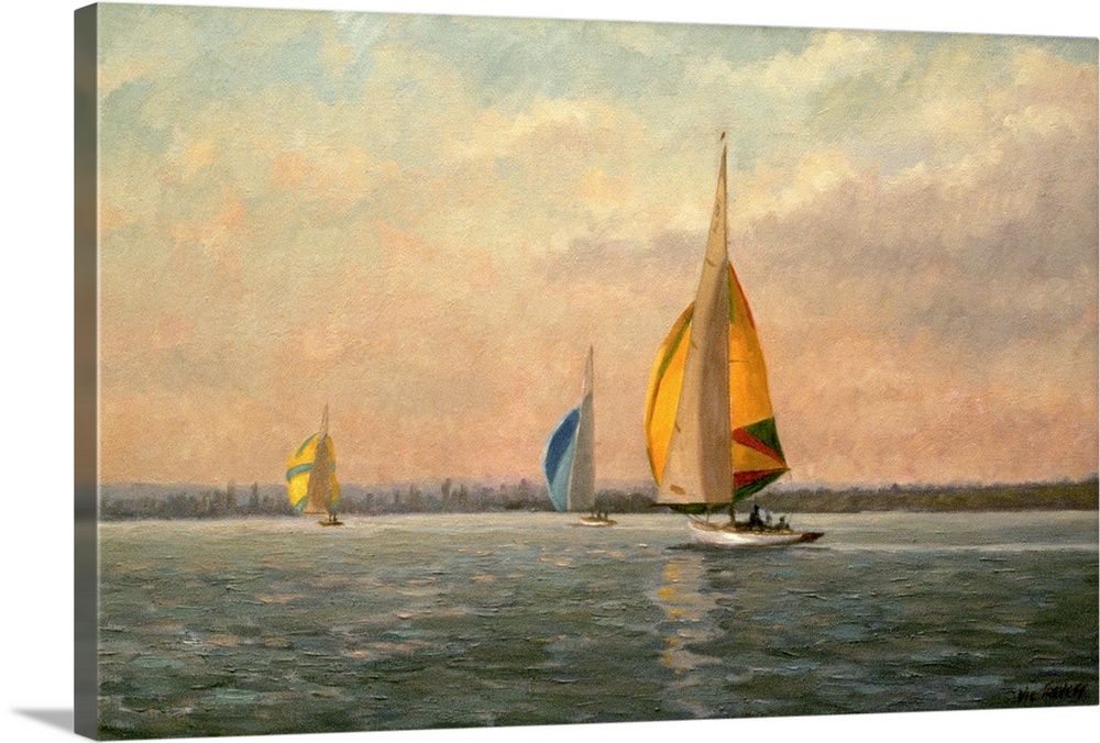 Painting of sail boats on water with horizontal brush strokes. The sky is multi colored with vertical brush strokes to con...