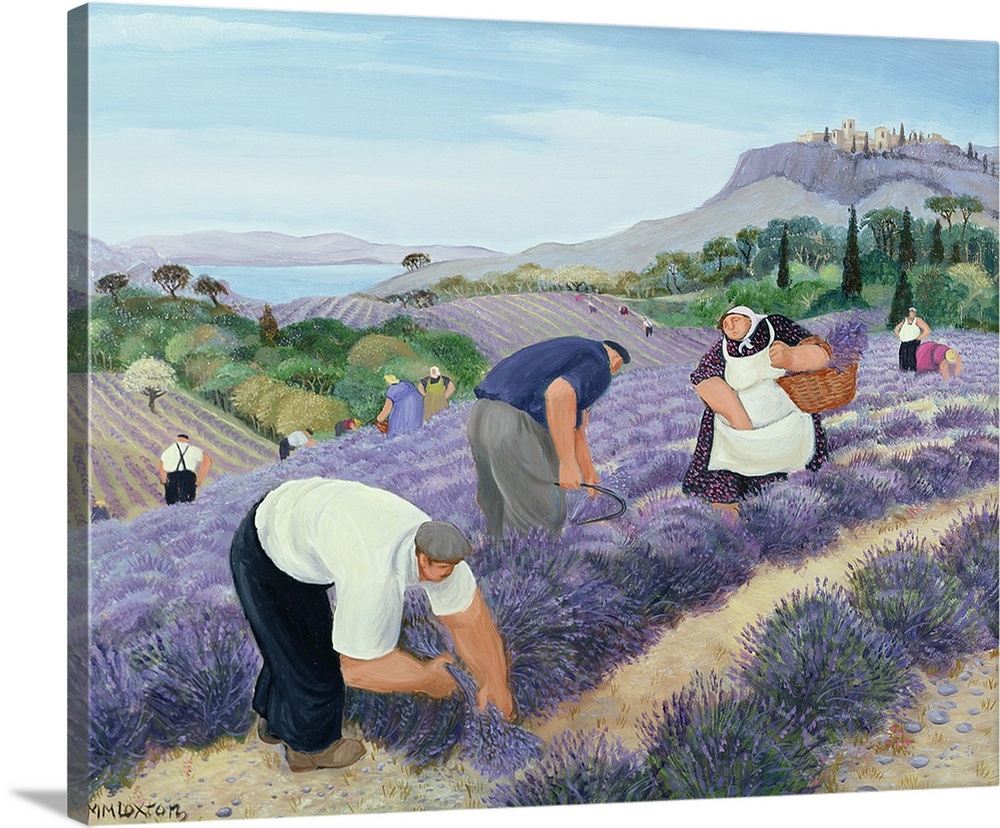 Contemporary painting of people harvesting lavender.