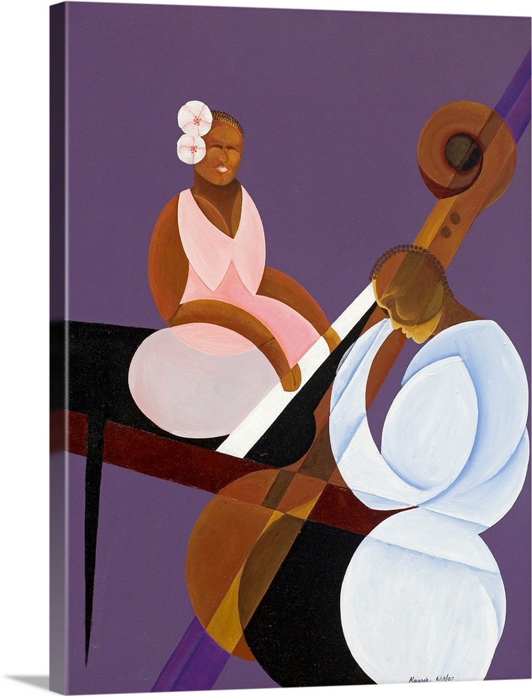 Giant contemporary art showcases a man playing a double bass, while a woman behind him plays the piano.  Artist uses a lot...