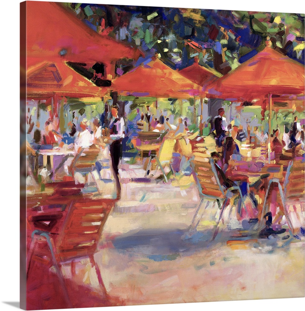 Giant contemporary art shows a large number of people sitting at tables covered with umbrellas while waiters take their or...