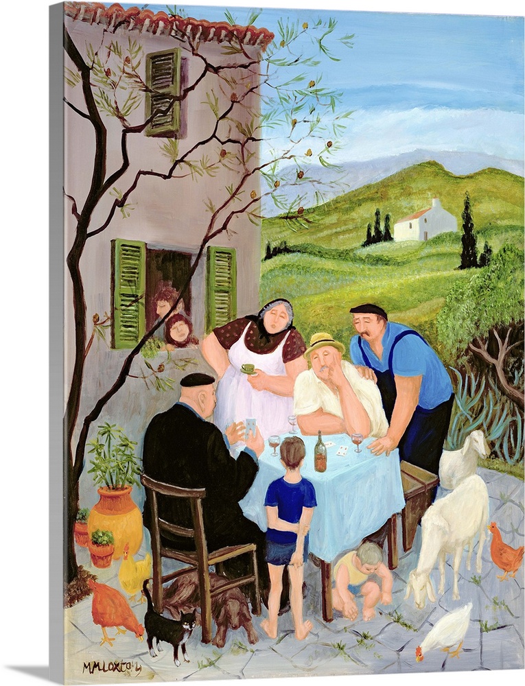 Contemporary painting of people eating outside on a Sunday morning.