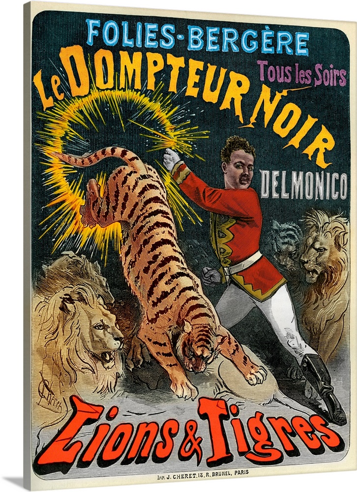Advertising show with Delomico, a lion tamer (in French 'belluaire', lit. 'gladiator') and lions and tigers. Showing a tig...
