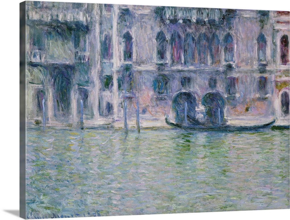 An Impressionist landscape of a manmade canal lined by historic buildings with elegant arched windows captured with soft, ...