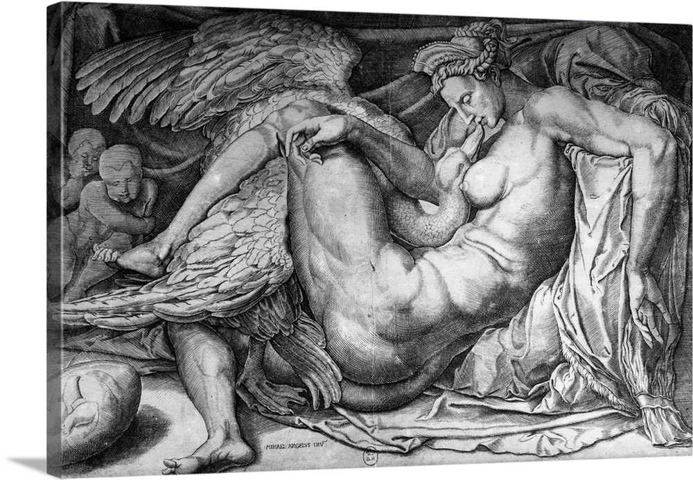 XIR233738 Leda, engraved by Jacobus Bos, Boss or Bossius (b.c.1520) (b/w photo) by Buonarroti, Michelangelo (1475-1564) (a...