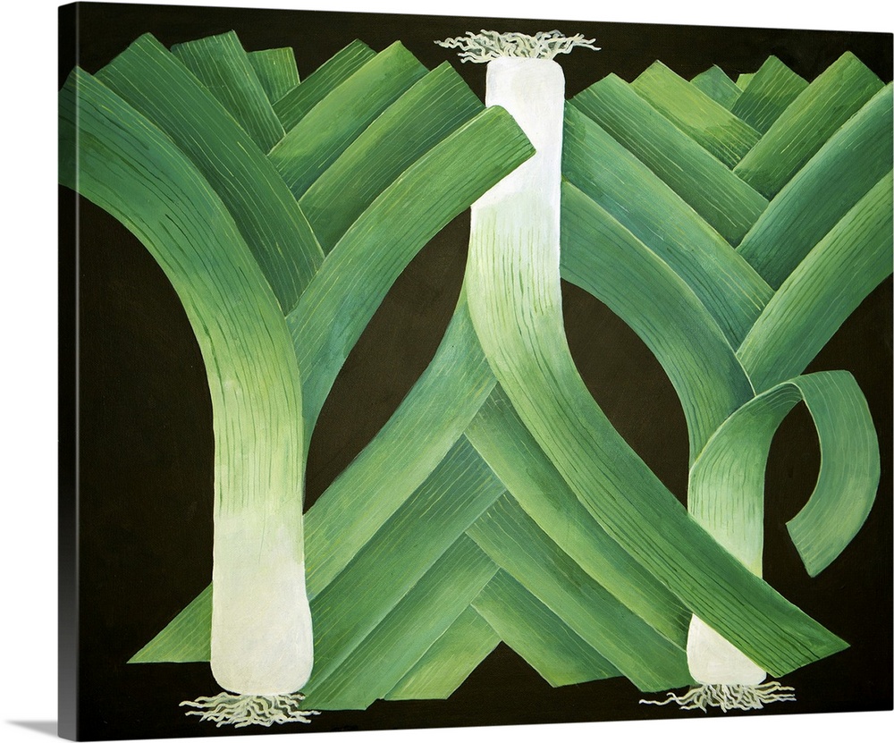 Contemporary artwork of three leeks against a black background.