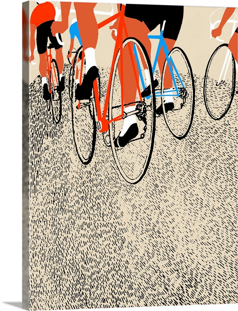 Contemporary painting of cyclists from a low angle view.