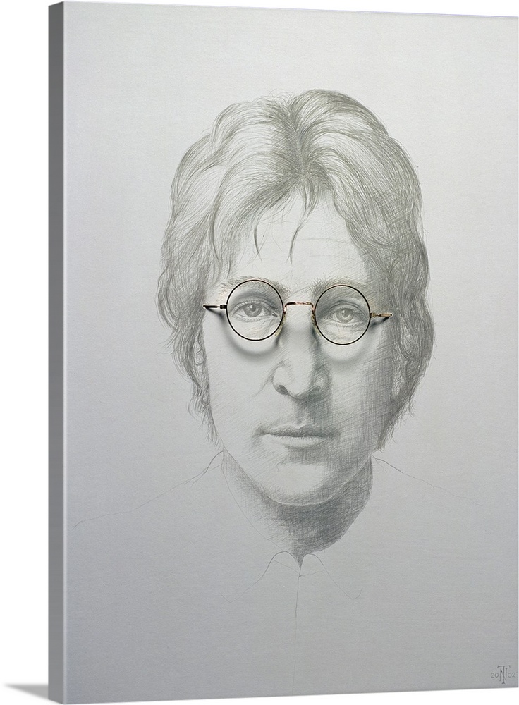 Oversized, vertical artwork of a sketch of John Lennon with wavy, short hair and round glasses.  The image is drawn from t...