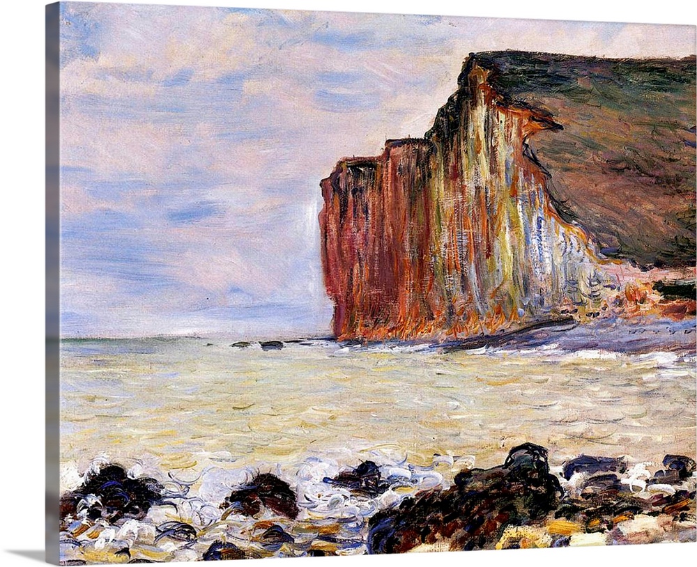 Oil painting of rocky shoreline with cliff in the distance under a cloudy sky.