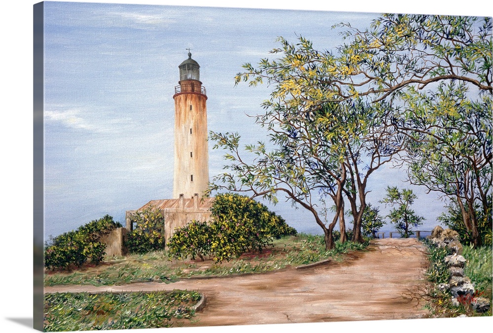 Painting of dirt path circling watch tower surrounded by bushes.