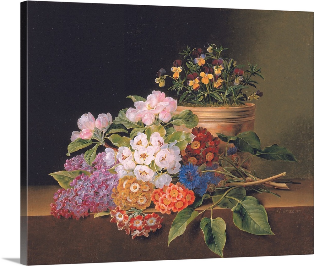 Lilac, apple blossom, cornflowers and sweet williams with a pot of violas on a ledge, 1827 (originally oil on canvas) by J...