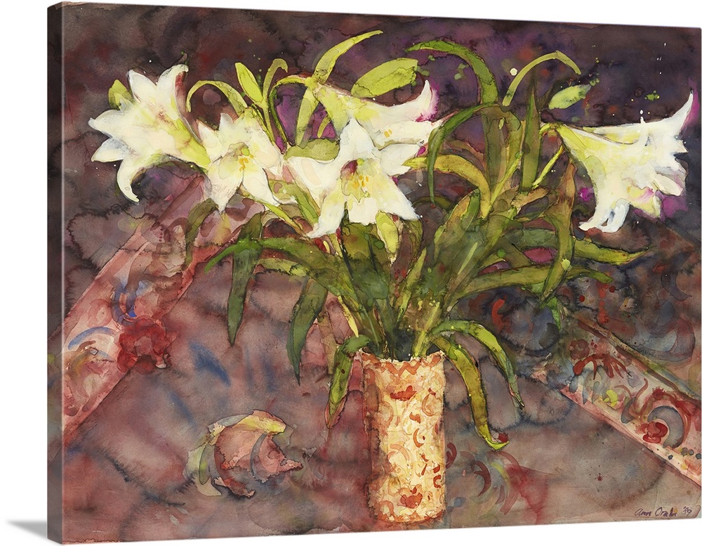 A beautiful watercolor painting utilizing a combination of mediums in a transitional style, featuring tall white lilies in...