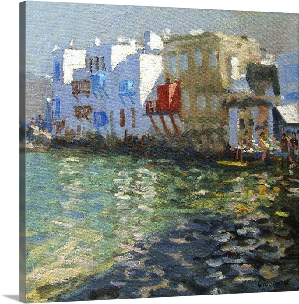 A soft, impressionist-style painting of a buildings overlooking the sea on the island of Mykonos in Greece.