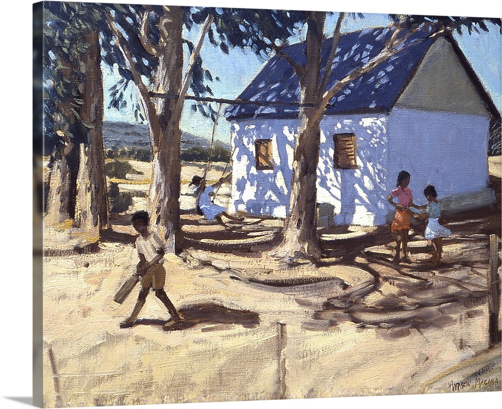 Children in Africa play outside underneath large trees right next to their home.