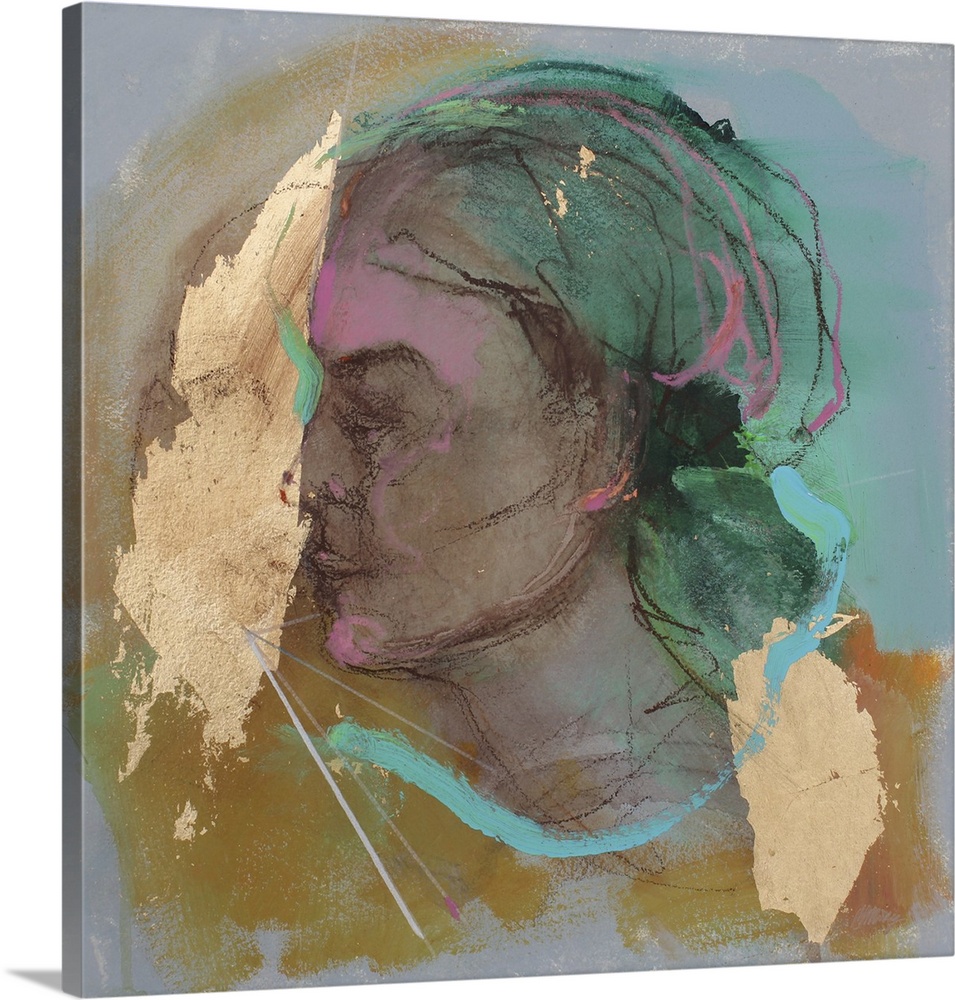 Lost in thought 6, 2020. (Originally acrylics, pastels and gold leaf on paper.)