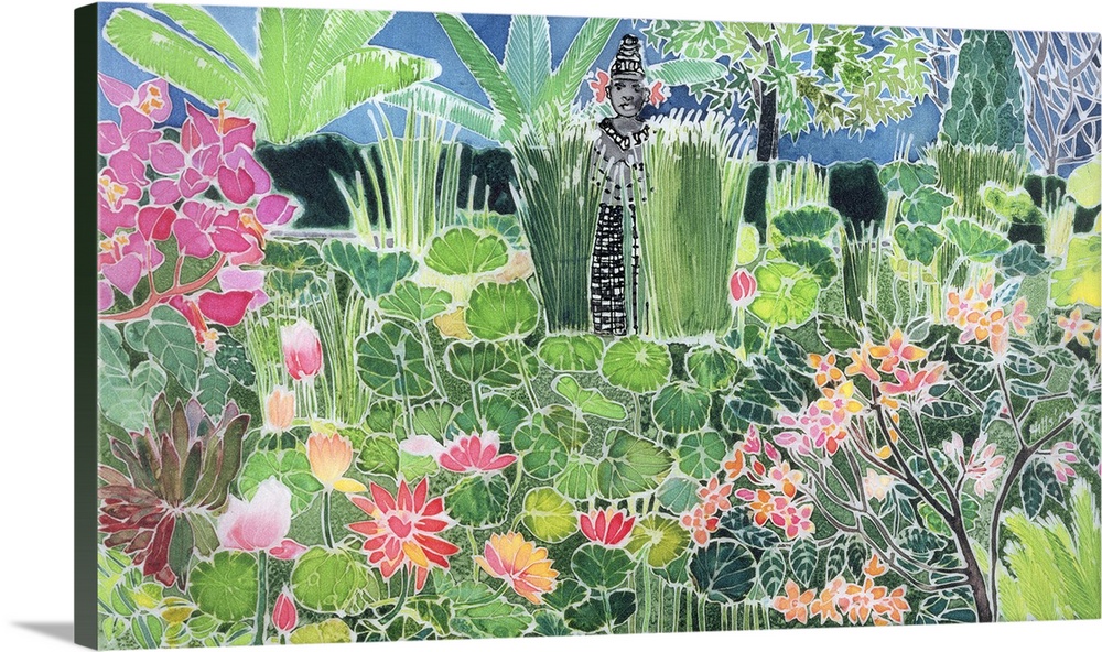 Contemporary painting of a pond filled with lotus flowers in a garden.