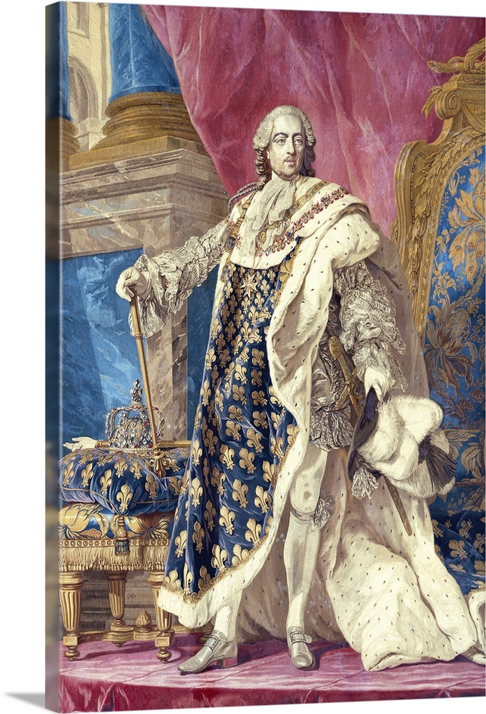 Louis XV (1710-74) in Coronation Robes (tapestry) by French School, (18th century); Chateau de Versailles, France; Giraudo...