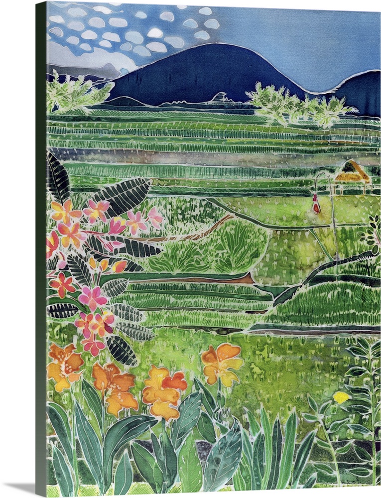 Contemporary painting of a valley of agricultural fields and tropical flowers.