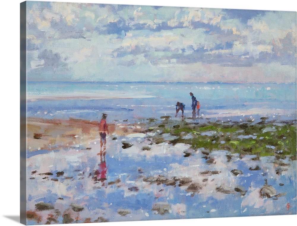 Contemporary painting of three people at the beach, looking at tide pools.