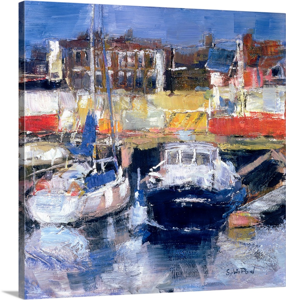 Contemporary painting of boats docked in a harbor.