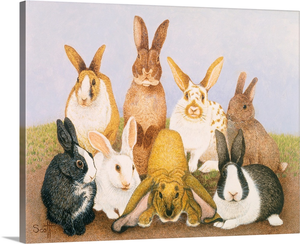 Contemporary painting of eight different breeds of rabbit.