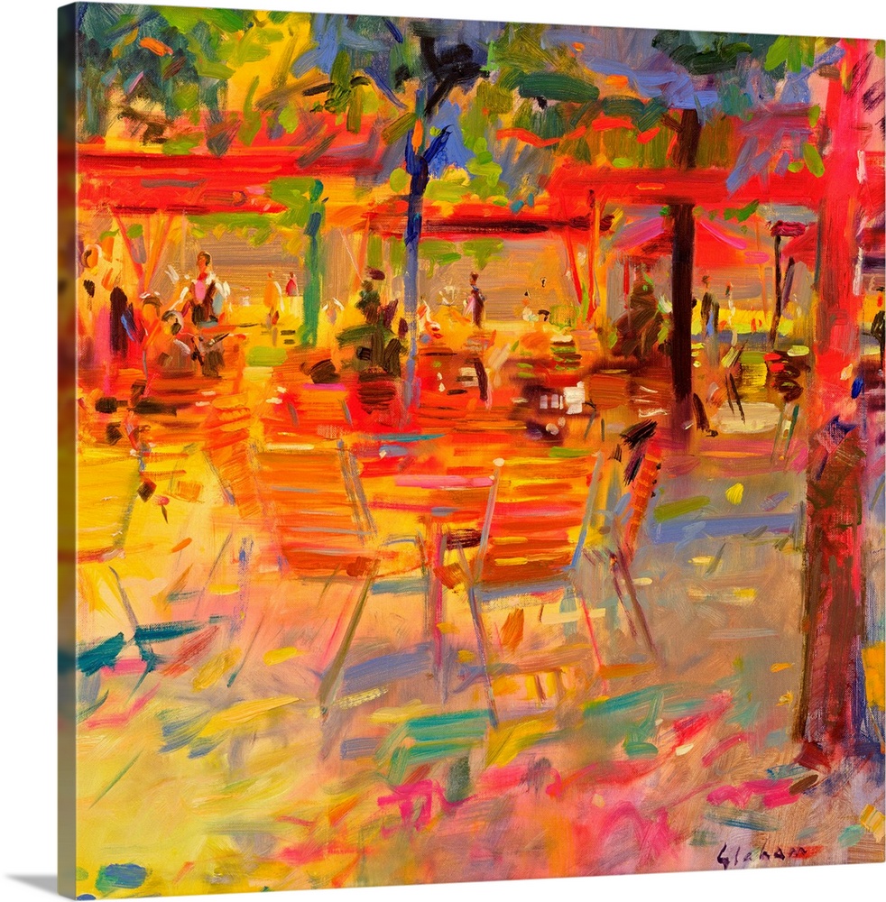 Big contemporary art portrays people sitting within the outside seating area of a restaurant filled with tables, chairs, u...
